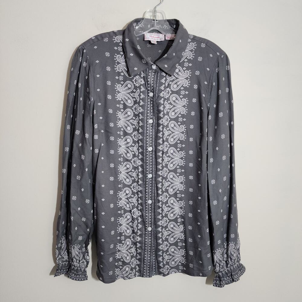 Panhandle Women Shirt Paisley Print Ruffle Cuff Western Button Down Grey Large